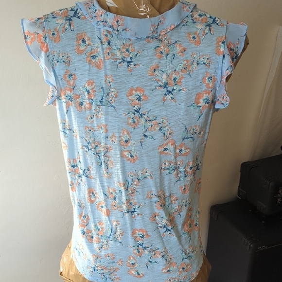 Lucky Brand Cotton/Modal Blue Ruffled Flutter Sleeve Blouse - Picture 4 of 4